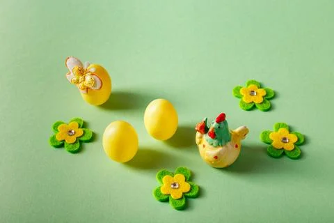 Easter decorations in the form of decorative eggs and a ceramic chicken Stock Photos