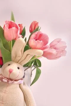 Easter decorations with rabbit and tulips Stock Photos