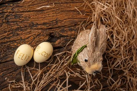 Easter decorations, straw rabbit and beautiful hand-painted eggs for the Ea.. Foto stock