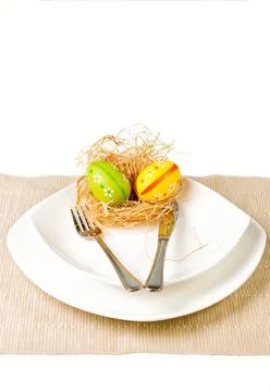 Easter decoration.Table setting with easter eggs 写真素材