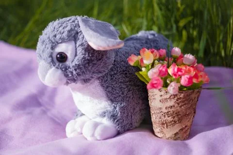 Easter decorative elements, vase with artificial flowers, plaid and bunny toy Stock Photos