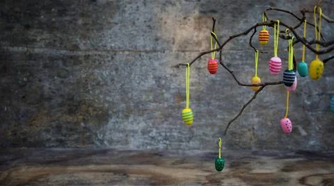 Easter dekorative eggs on tree branches. Stock Photos