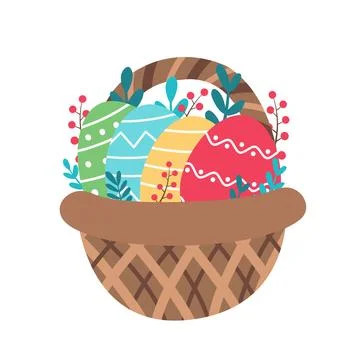 Easter design. Basket with painted Easter eggs. Vector illustration in flat Stock Illustration
