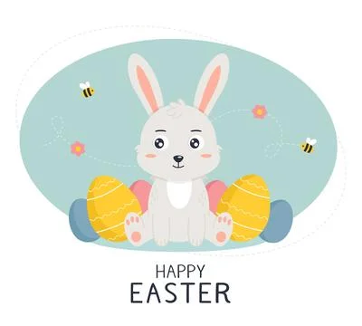 Easter design with cute banny and text. Colored Easter eggs Stock Illustration