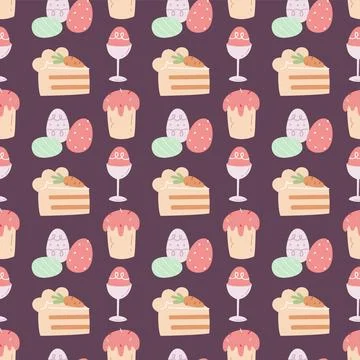 Easter dessert seamless pattern. Cute hand drawn cake, cupcake, egg and carrot 스톡 일러스트
