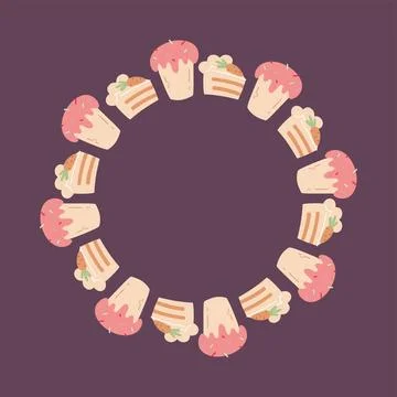 Easter dessert wreath frame. Cute hand drawn cupcake and carrot cake circle Stock-Illustration