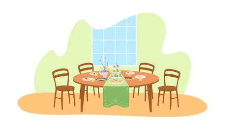Easter dinner table setting 2D vector web banner, poster Stock Illustration