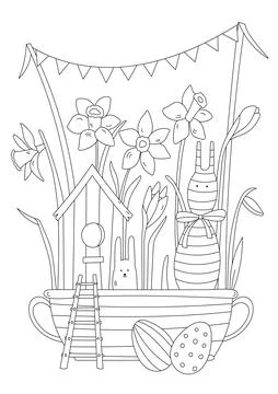 Easter Display With Birdhouse, Daffodils, And Eggs Stock Illustration