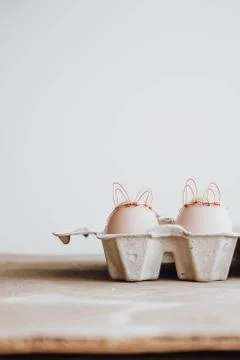 Easter DIY egg, made in bunny style. Minimal Easter concept, idea with rabbit Stock Photos