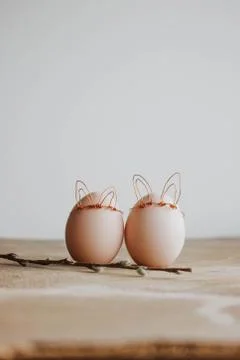 Easter DIY egg, made in bunny style. Minimal Easter concept, idea with rabbit Stock Photos