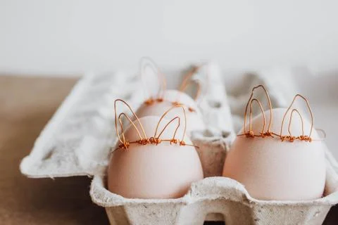 Easter DIY egg, made in bunny style. Minimal Easter concept, idea with rabbit Stock Photos