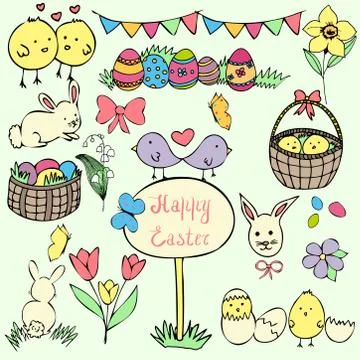 Easter doodle collection, happy easter vector set Stock Illustration