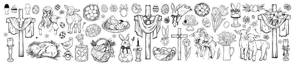 Easter doodle holiday set, table food, vector traditional hand drawn line egg Stock Illustration