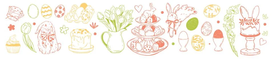 Easter doodle illustration set, vector hand drawn holiday bunny Stock Illustration