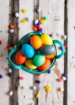 Easter: Easter Basket Surrounded By Jelly Beans And Chocolate Eggs Stock Photos