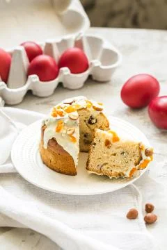 Easter, Easter cake with icing and eggs Stock Photos