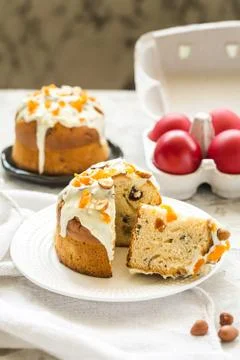 Easter, Easter cake with icing and eggs Stock Photos