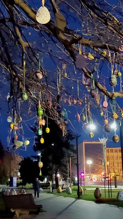 Easter. easter decor. street easter decor. night city. multi-colored colorful Stock-Footage 313984882