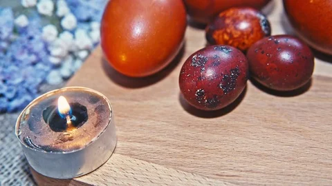 Easter, Easter eggs and flowers on wooden Board 스톡 동영상 73434886