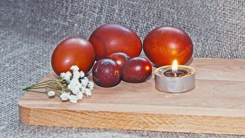 Easter, Easter eggs and flowers on wooden Board 스톡 동영상 73437439