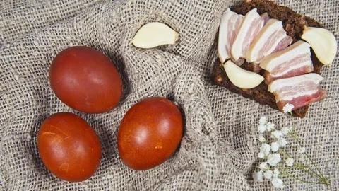 Easter, Easter eggs, bread and bacon Stock Footage 73428670