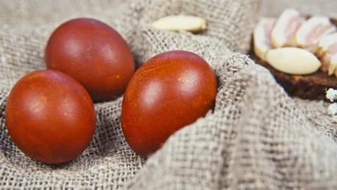 Easter, Easter eggs, bread and bacon 스톡 동영상 73430511