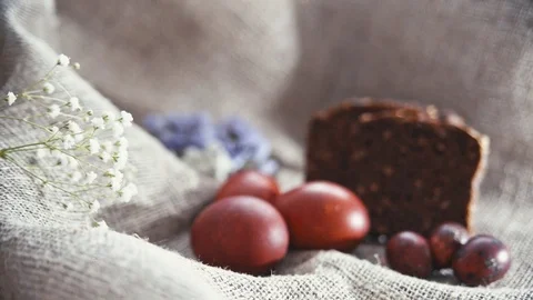 Easter, Easter eggs, bread and flowers 스톡 동영상 73440866