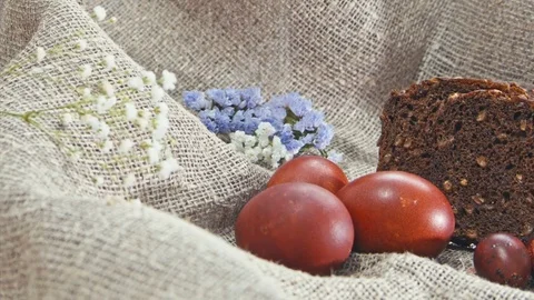 Easter, Easter eggs, bread and flowers 스톡 동영상 73441153