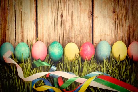 Easter, Easter eggs, green grass, wooden background, authentic Easter decorat Photos