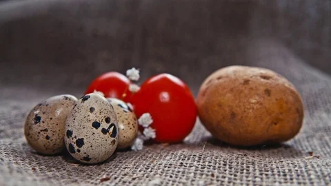 Easter, Easter eggs, potatoes and tomatoes 스톡 동영상 73433121