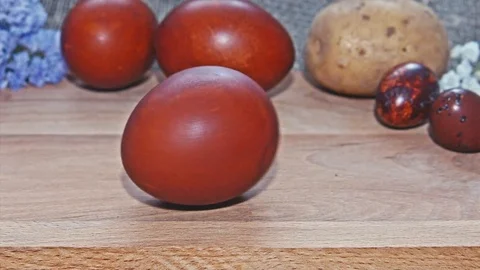 Easter, Easter eggs, potatoes and flowers 스톡 동영상 73438057