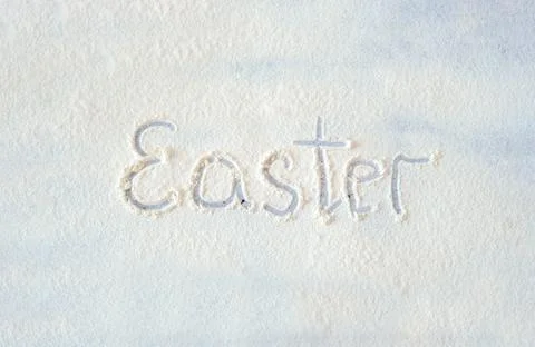 Easter. Easter inscription on flour. Easter theme. Copy space. Stock Photos
