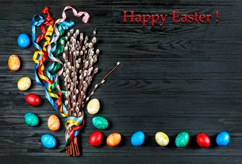 Easter, Easter symbols, Easter eggs,  pussy willow , colored rib Stock-Fotos