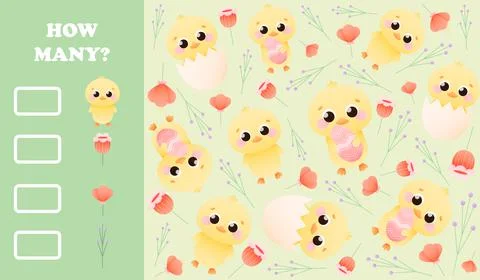 Easter educational quiz for kids, how many game with chicks, flowers, spring  Stock Illustration