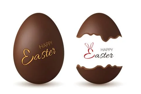 Easter egg 3d. Chocolate brown whole, broken eggs set. Isolated white backgro Stock Illustration