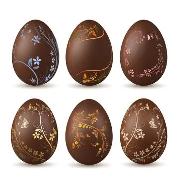 Easter egg 3d. Chocolate brown eggs set, isolated white background. Tradition Stock Illustration