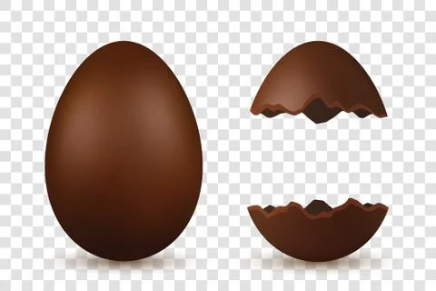 Easter egg 3d. Chocolate brown whole and broken eggs set, isolated white tran Stock Illustration