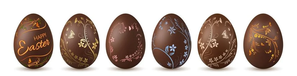 Easter egg 3d. Chocolate brown eggs set, isolated white background. Tradition Stock Illustration
