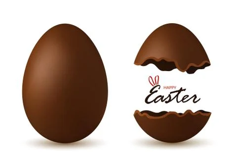 Easter egg 3d. Chocolate brown whole and broken eggs set isolated white backg Stock Illustration