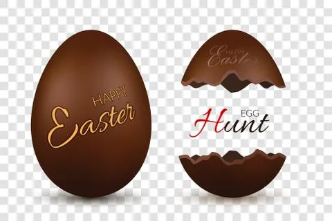 Easter egg 3d. Chocolate brown whole and broken eggs set isolated white trans Stock Illustration