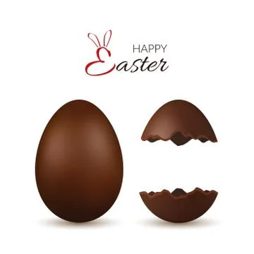 Easter egg 3d. Chocolate brown whole and broken eggs set, isolated white back Stock Illustration