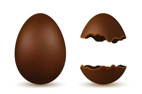 Easter egg 3d. Chocolate brown whole and broken eggs set, isolated white back Stock Illustration