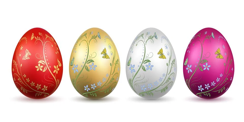 Easter egg 3D icon. Bright eggs set isolated white background. Floral hand dr Stock Illustration