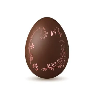 Easter egg 3d icon. Chocolate brown egg, isolated white background. Flower, b Stock Illustration