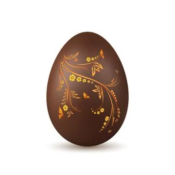 Easter egg 3d icon. Chocolate brown egg, isolated white background. Flower, b 스톡 일러스트