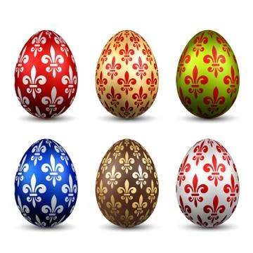 Easter egg 3D icon. Color eggs set, isolated white background. Flower fleur d 스톡 일러스트