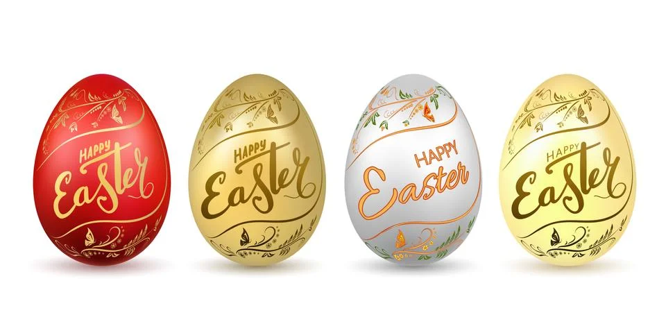 Easter egg 3D icon. Eggs set, flower, gold lettering text Isolated white back Illustrazione stock