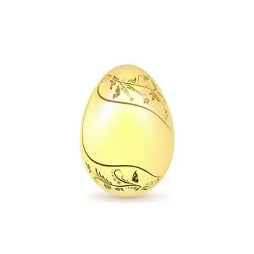 Easter egg 3D icon. Gold egg, isolated white background. Floral hand drawn de 스톡 일러스트
