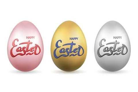 Easter egg 3D icon. Gold, pastel eggs set, lettering, isolated white backgrou Stock Illustration