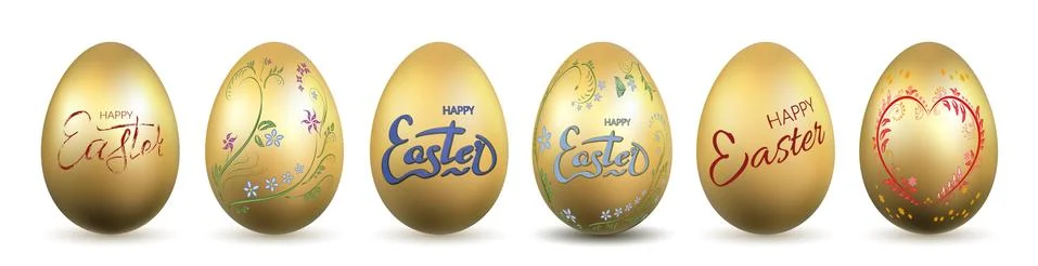 Easter egg 3D icon. Gold eggs set, lettering, isolated white background. Shin 스톡 일러스트